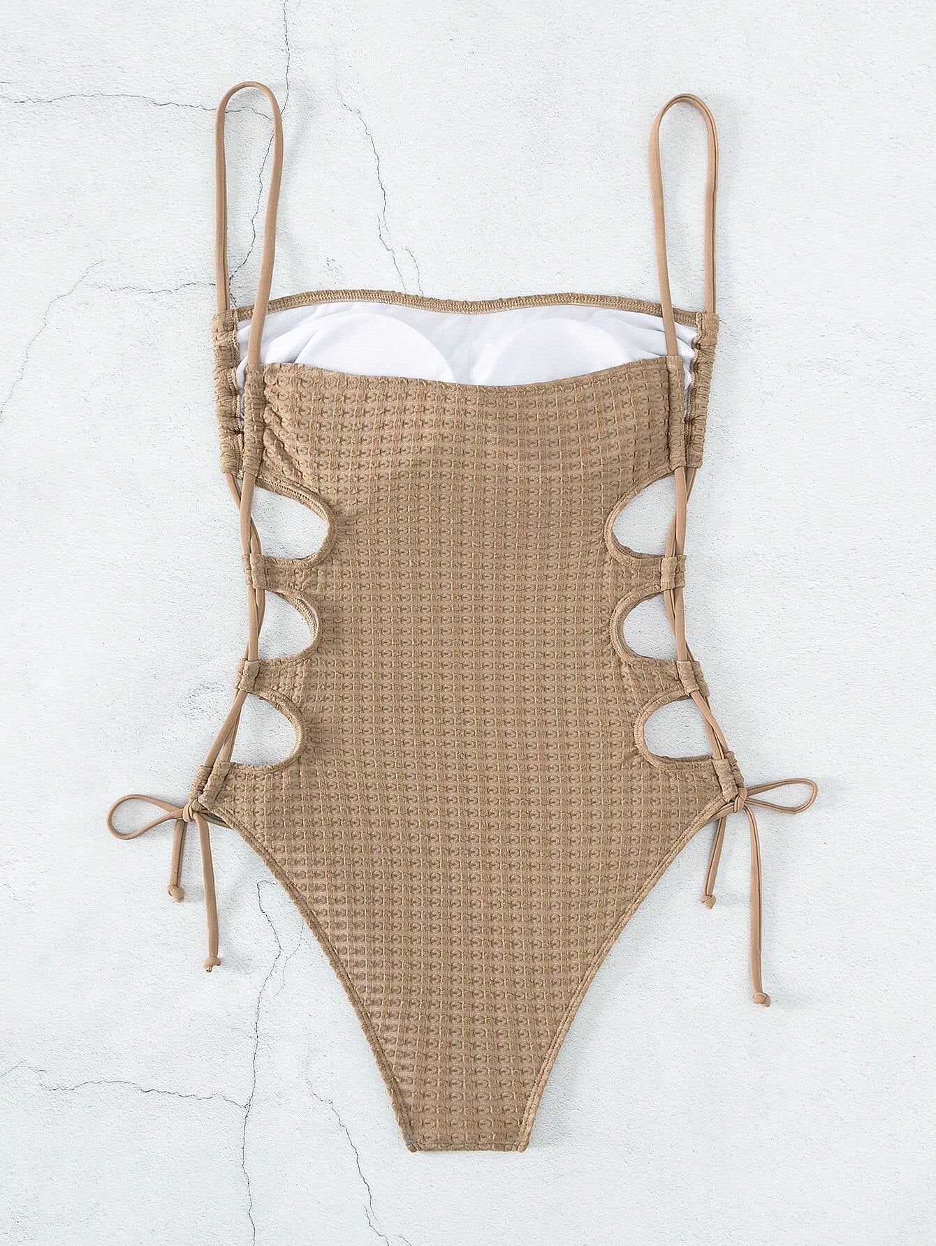 Swim Basics Summer Beach Cut Out Drawstring Side Cami One Piece Swimsuit