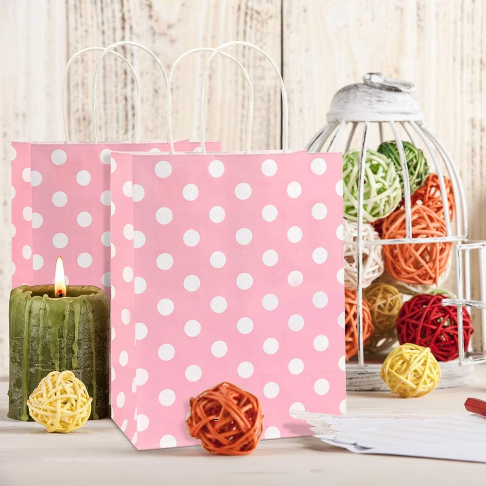 Gift Bags 25Pcs 8X4.25X10.5 Inches Shopping Bags, Paper Bags, Kraft Bags, Retail Bags, Holiday Party Bags, Pink Dot Paper Bags with Handles, Pink Paper Gift Bags