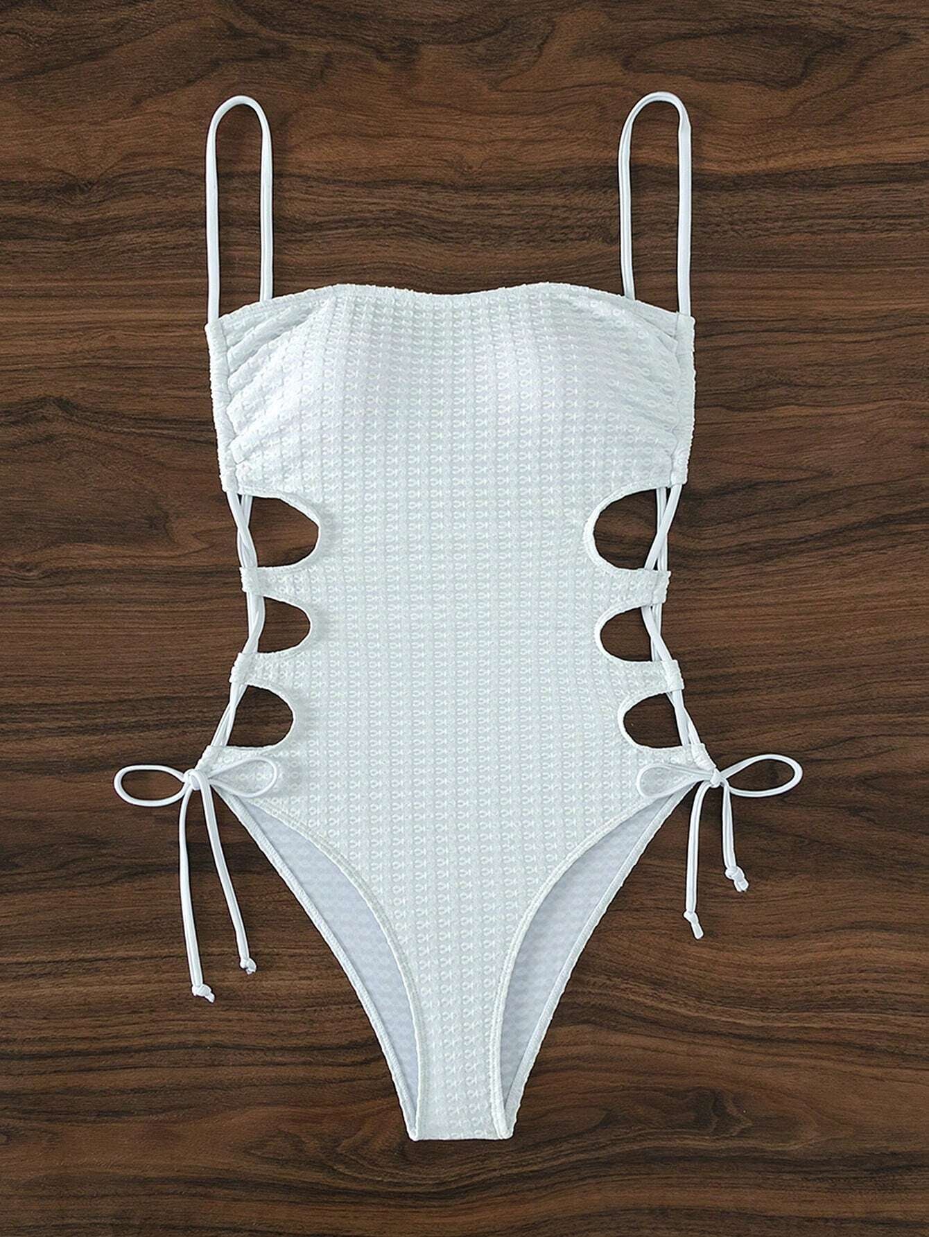 Swim Basics Summer Beach Cut Out Drawstring Side Cami One Piece Swimsuit